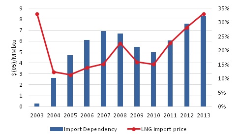 Import dependency of Natural Gas and LNG import price in India